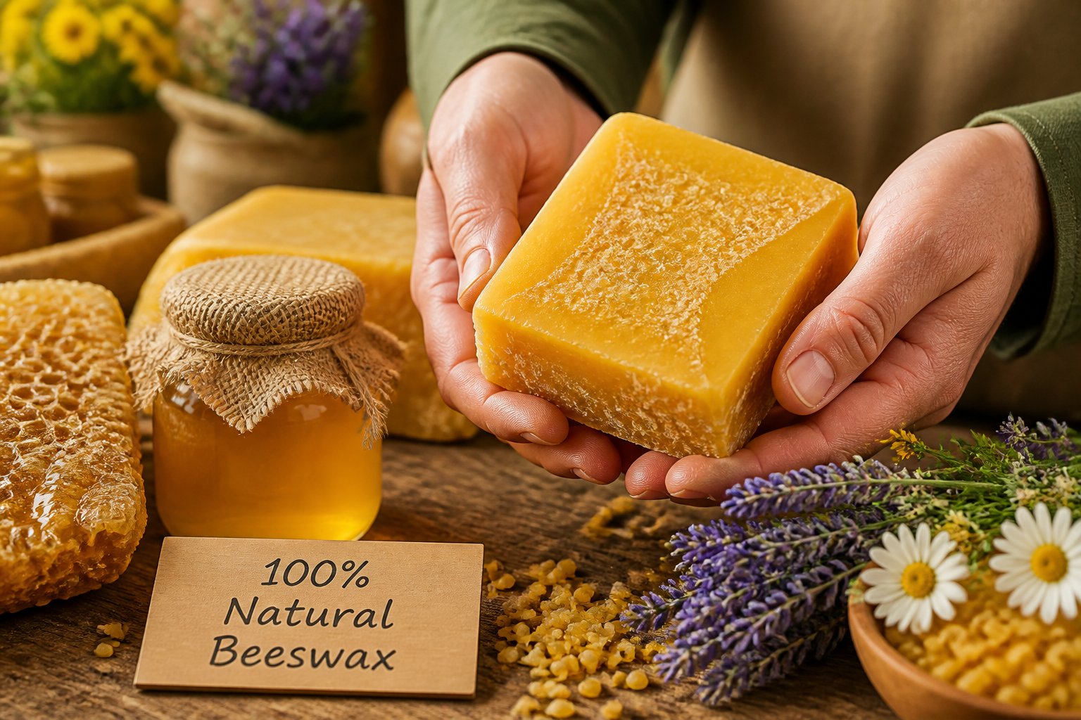 Hands holding a piece of raw beeswax on a wooden table with honeycombs and flowers nearby.