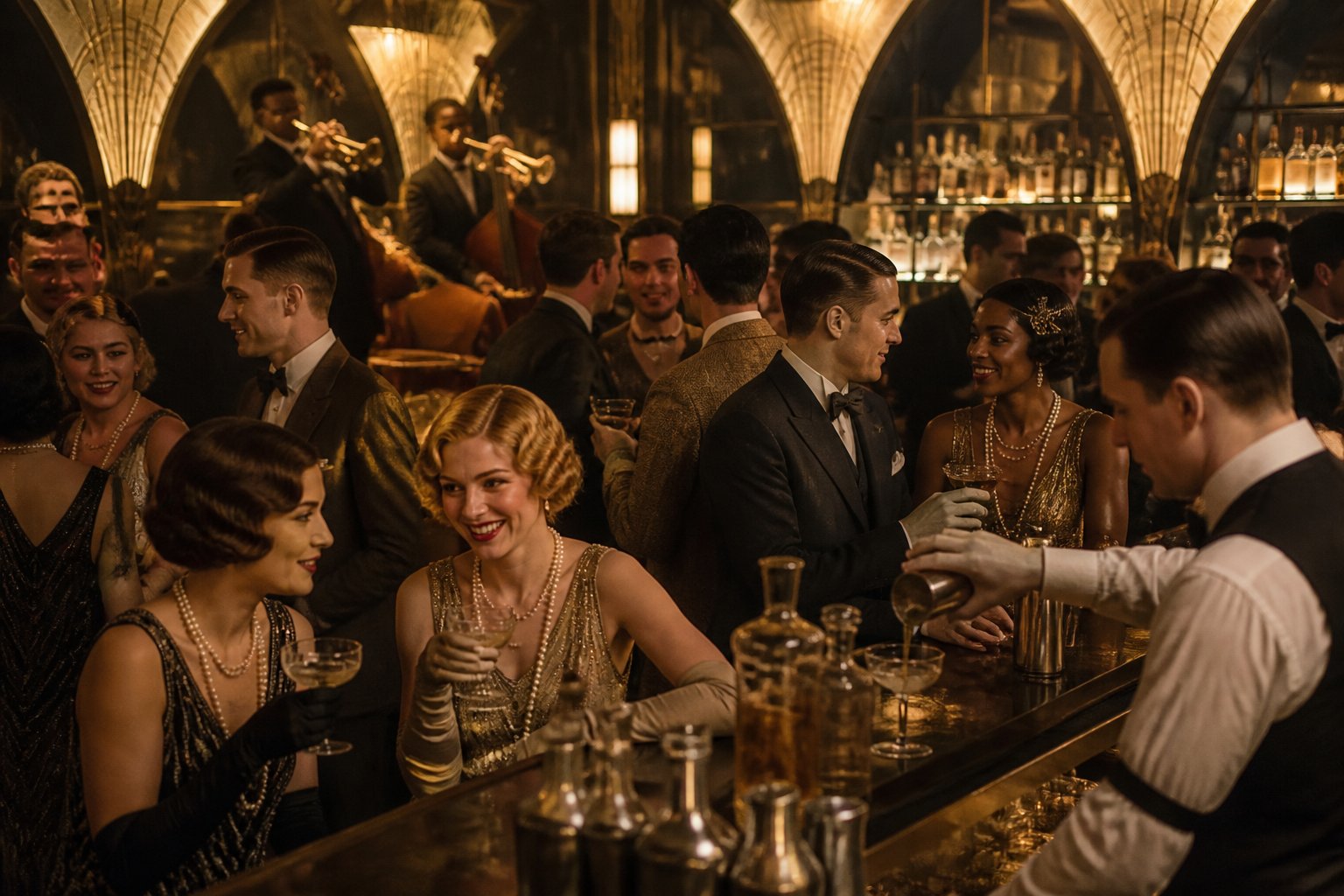 A group of people dressed in 1920s attire enjoying drinks and jazz music in an elegant bar with art deco decorations.