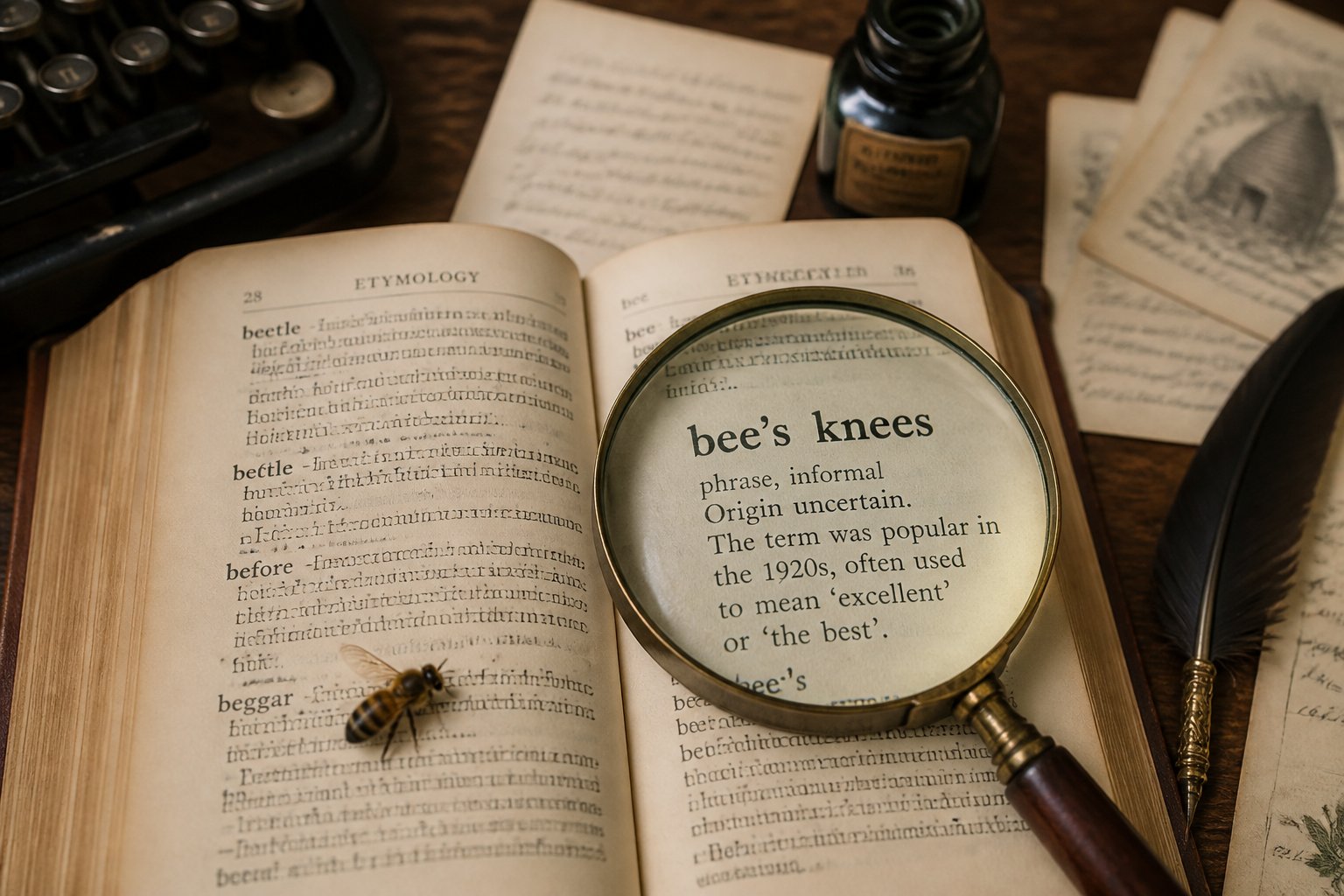 Close-up of an open vintage book with a magnifying glass highlighting the phrase 'bee's knees', a honeybee nearby, and scattered historical papers on a wooden table.