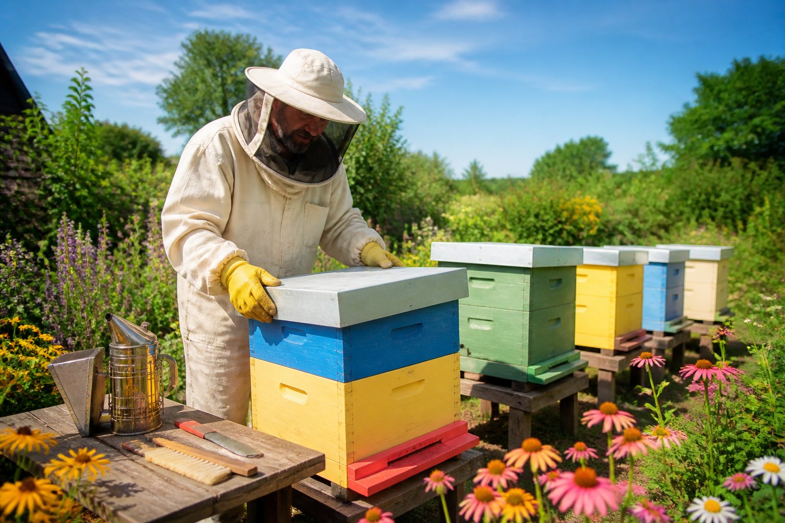 A person in protective clothing setting up colorful beehives outdoors in a garden with flowers and trees.