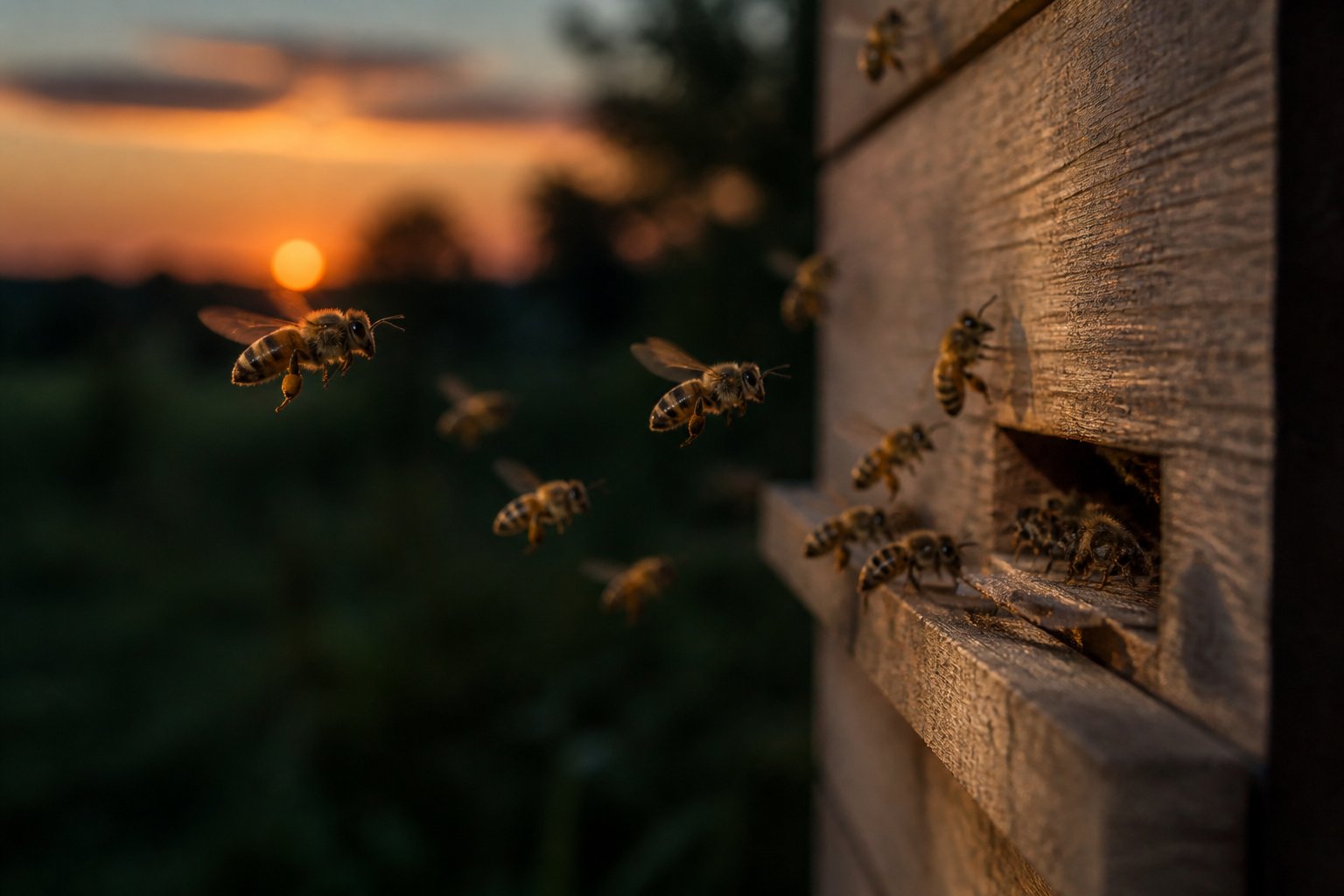 Bees hovering near the entrance of a wooden beehive in low light at dusk with blurred green foliage in the background.