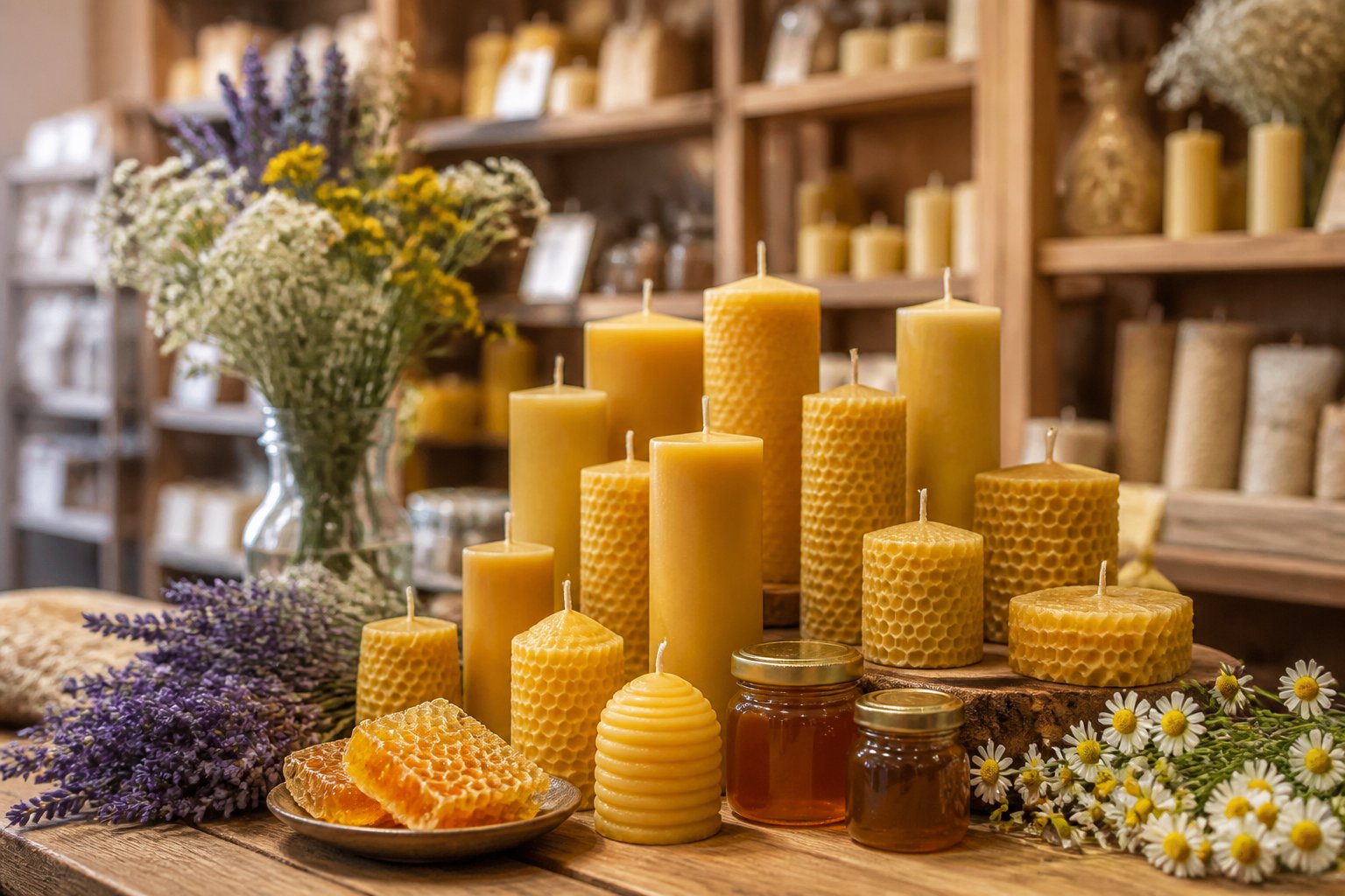 A variety of beeswax candles displayed on a wooden table with honeycomb pieces and flowers, inside a cozy shop.