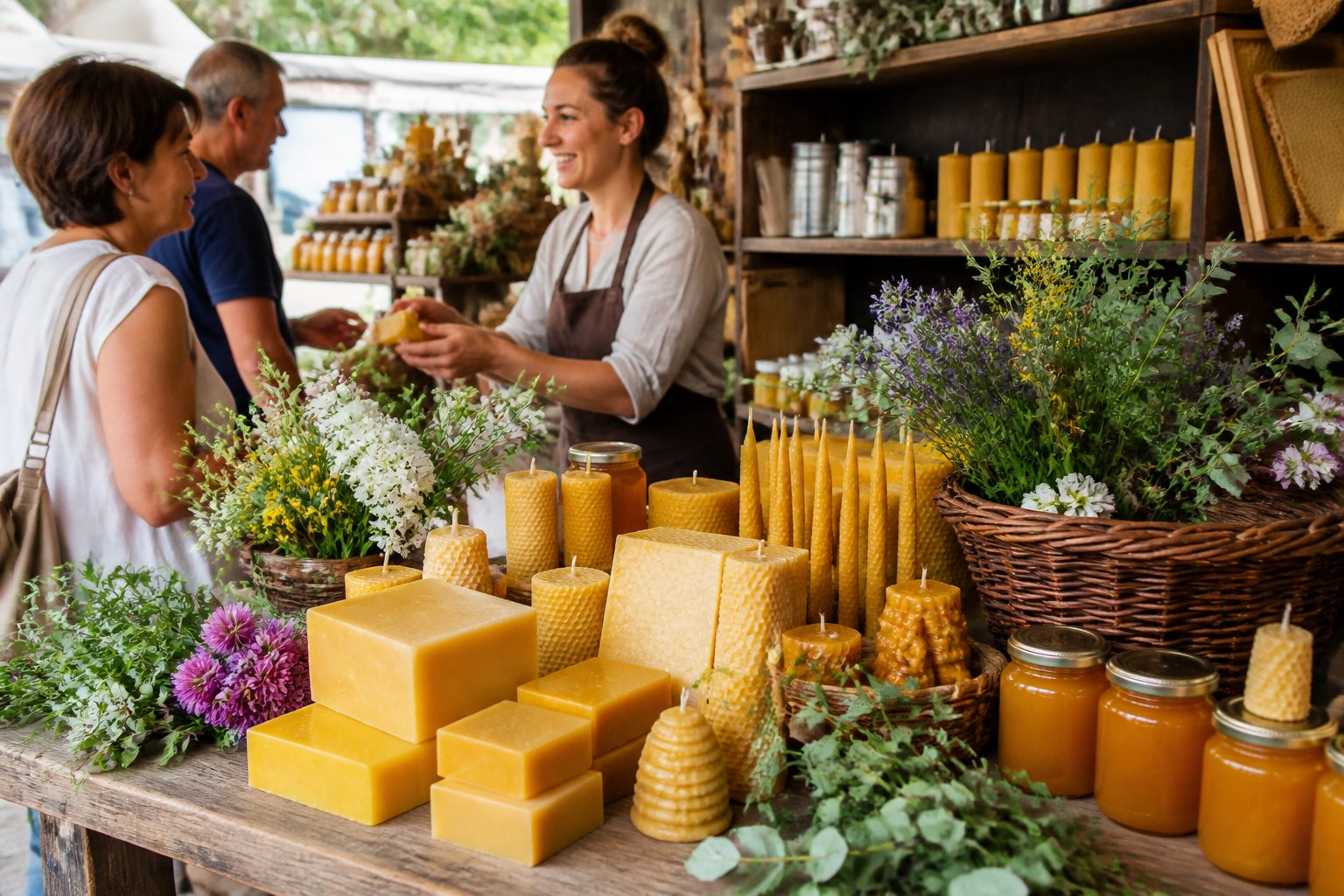 A market stall displaying beeswax blocks, candles, and jars of honey with a vendor and customers in the background.