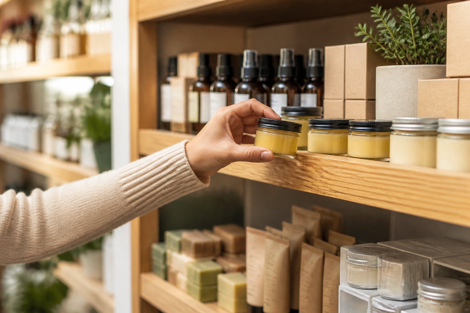 A person reaching for a jar of beeswax on a store shelf filled with natural skincare products.