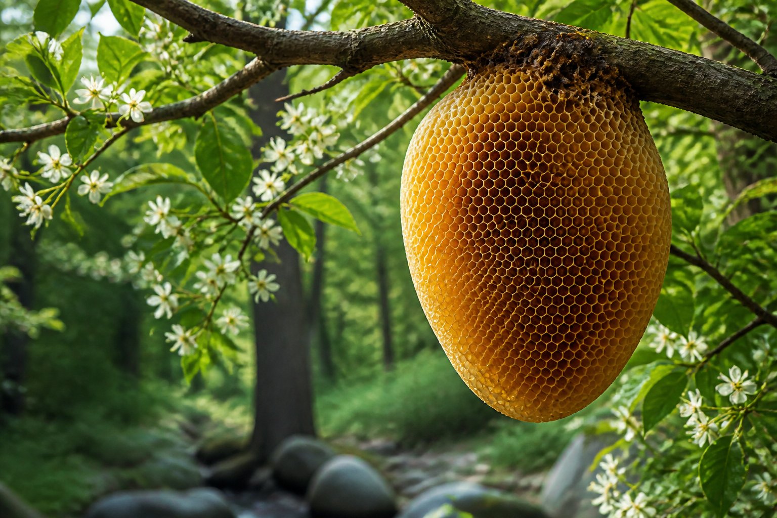 A beehive hanging from a tree branch with flowers nearby and no bees around.