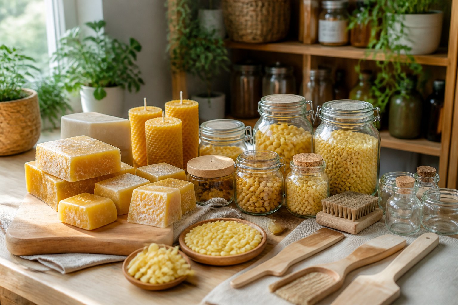 A workspace with beeswax blocks, candles, jars, and crafting tools arranged on a wooden table with plants in the background.