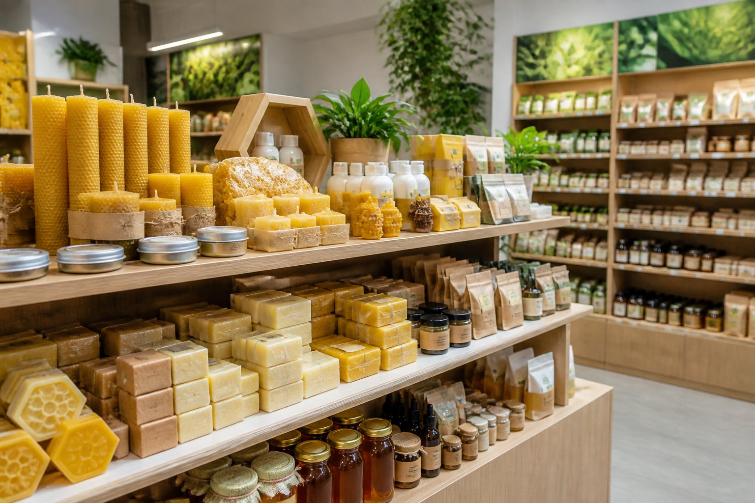 Shelves in a store displaying beeswax products and other natural items like honey and skincare in a clean, organized retail setting.
