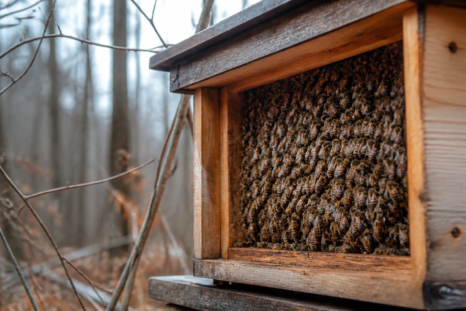 Close-up of bees clustered inside a beehive outdoors during late autumn or early winter.