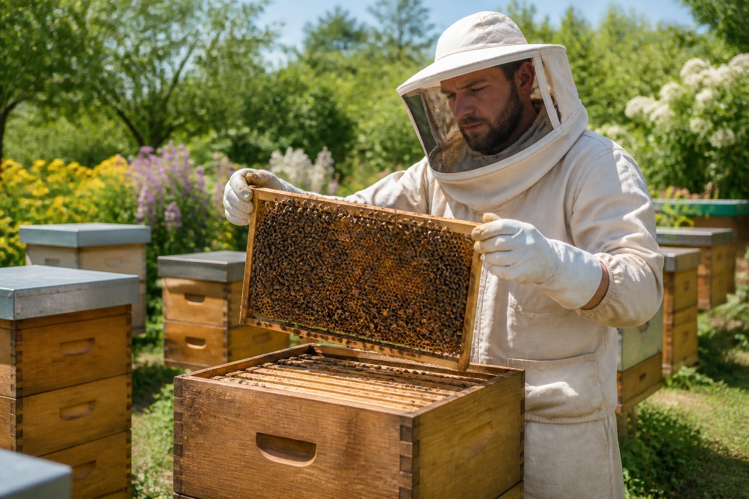 A beekeeper in protective clothing examining a wooden frame full of bees at an outdoor apiary with multiple beehives and flowering plants.