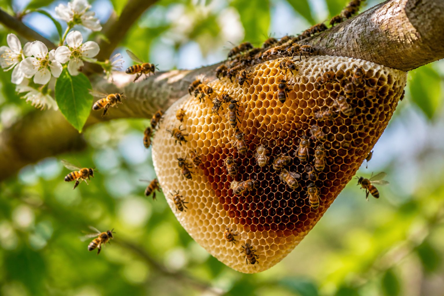 Close-up of a beehive on a tree branch with bees flying and crawling around it in a natural outdoor setting.
