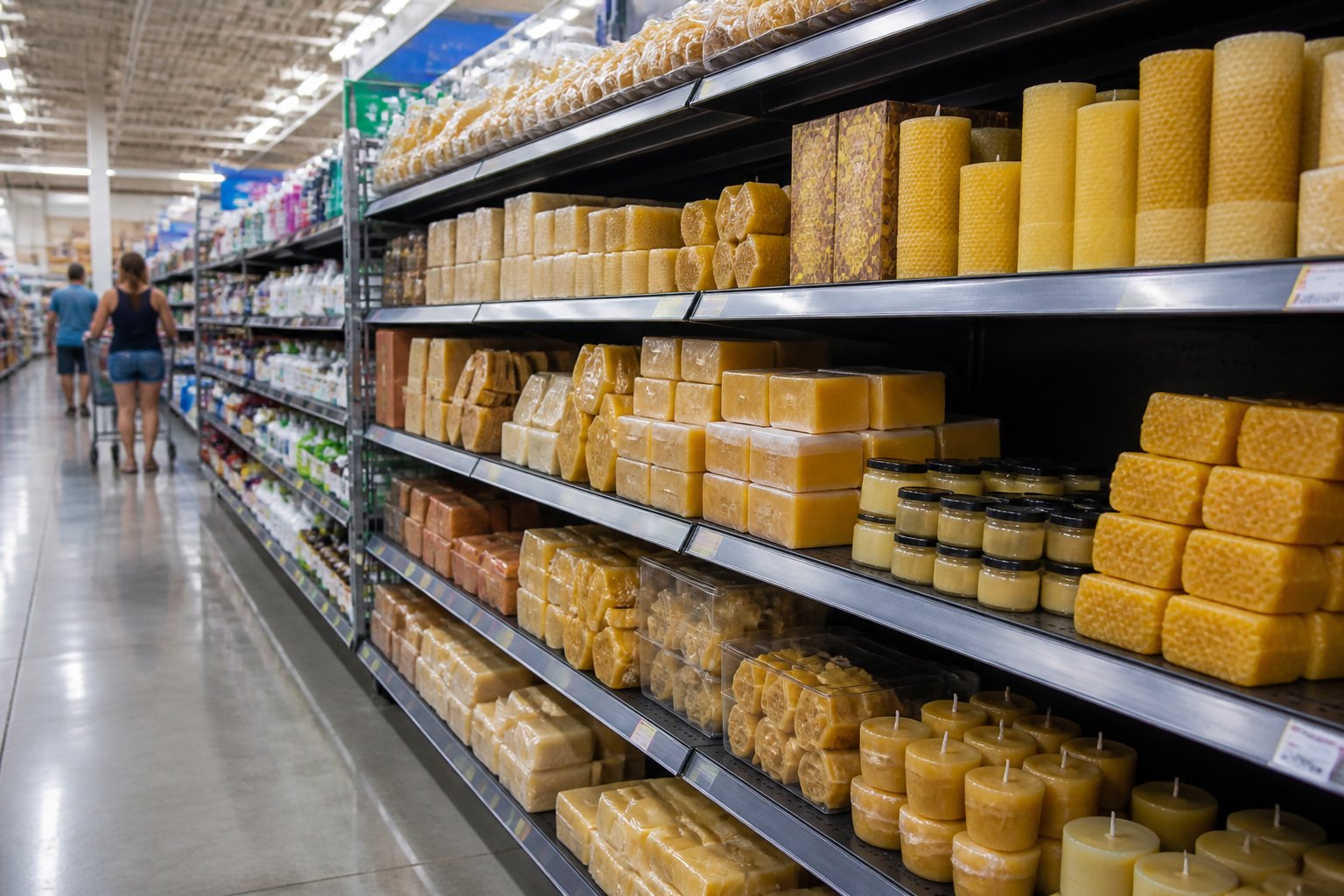A Walmart store aisle displaying various beeswax products on neatly arranged shelves with shoppers in the background.
