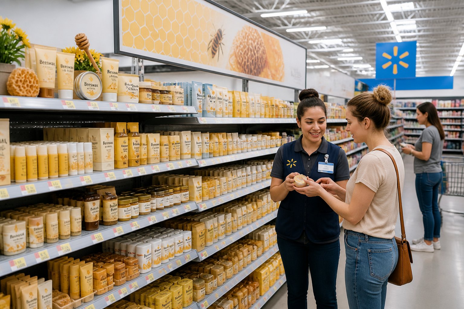 A Walmart aisle with shelves stocked with beeswax products and shoppers browsing in a clean, well-lit store.