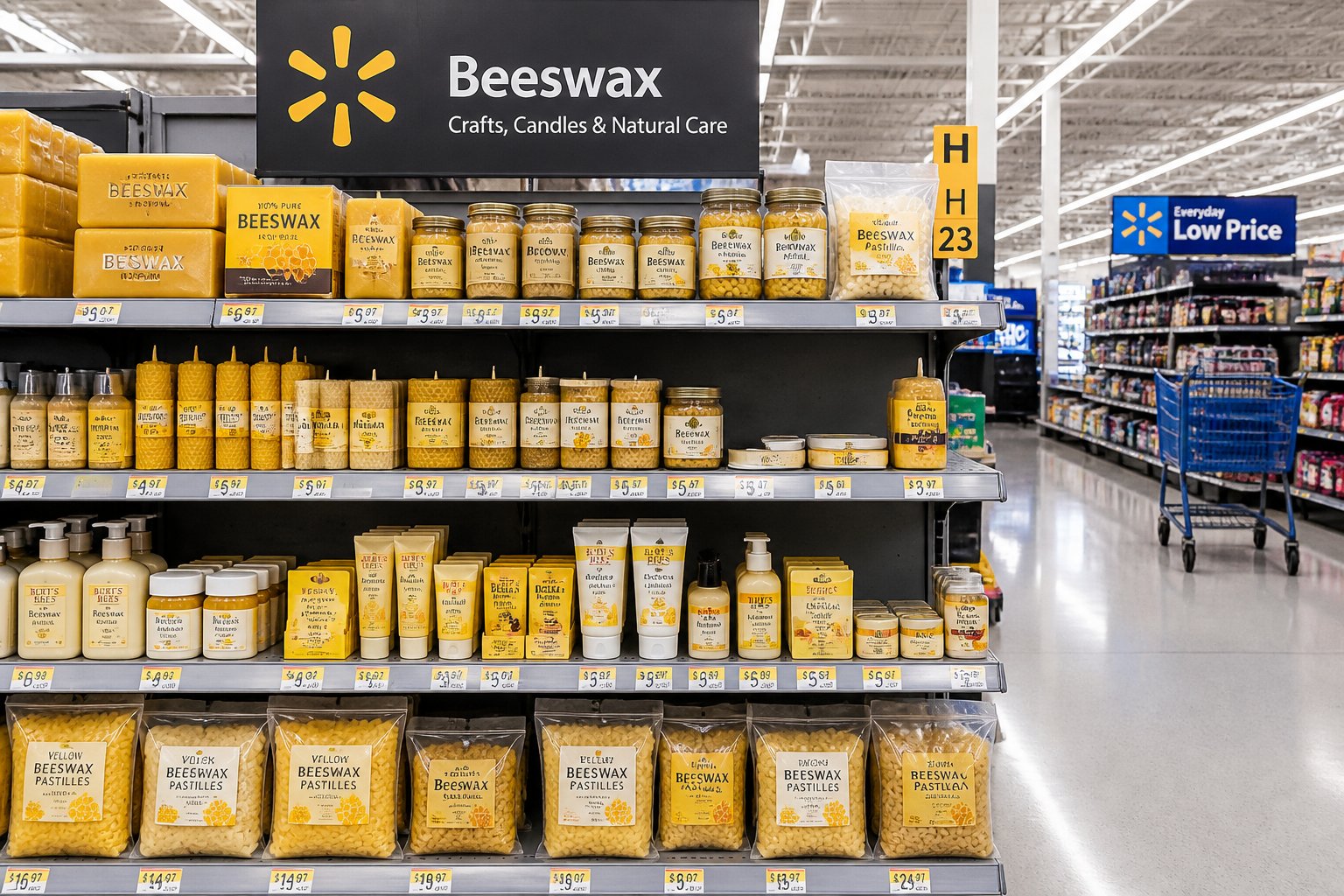 A Walmart store aisle with shelves displaying various beeswax products like blocks, candles, and skincare items.