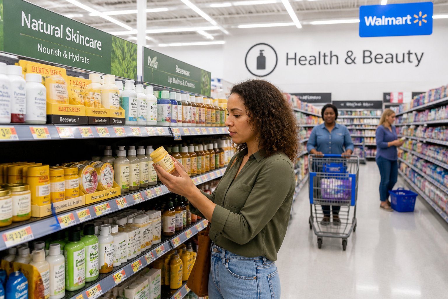 A shopper looking at natural skincare products on a Walmart store aisle with neatly stocked shelves.