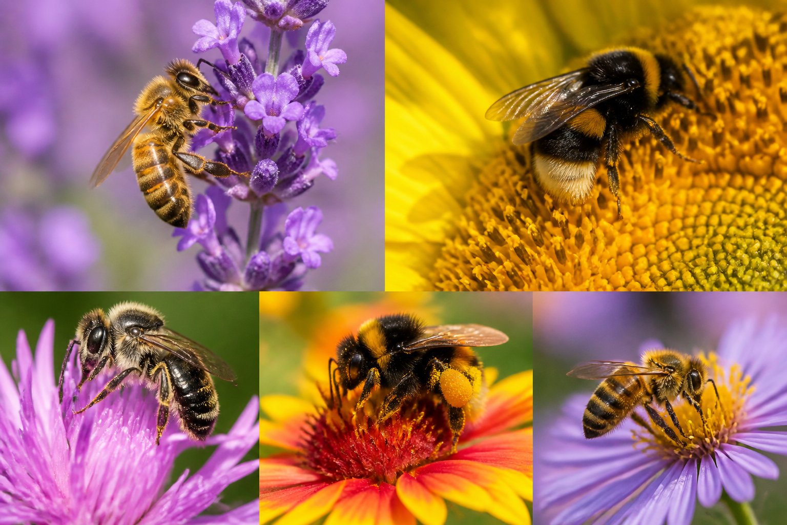 Several bees pollinating colorful flowers in a garden.