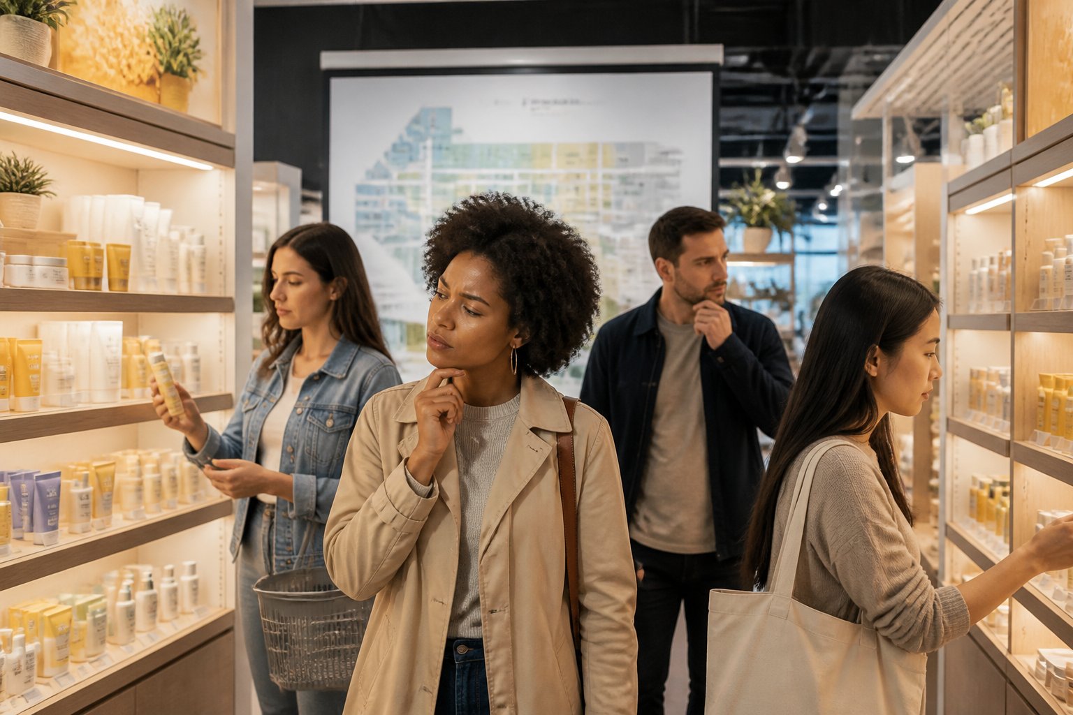Shoppers browsing Burt's Bees products in a store with a map display indicating multiple locations.