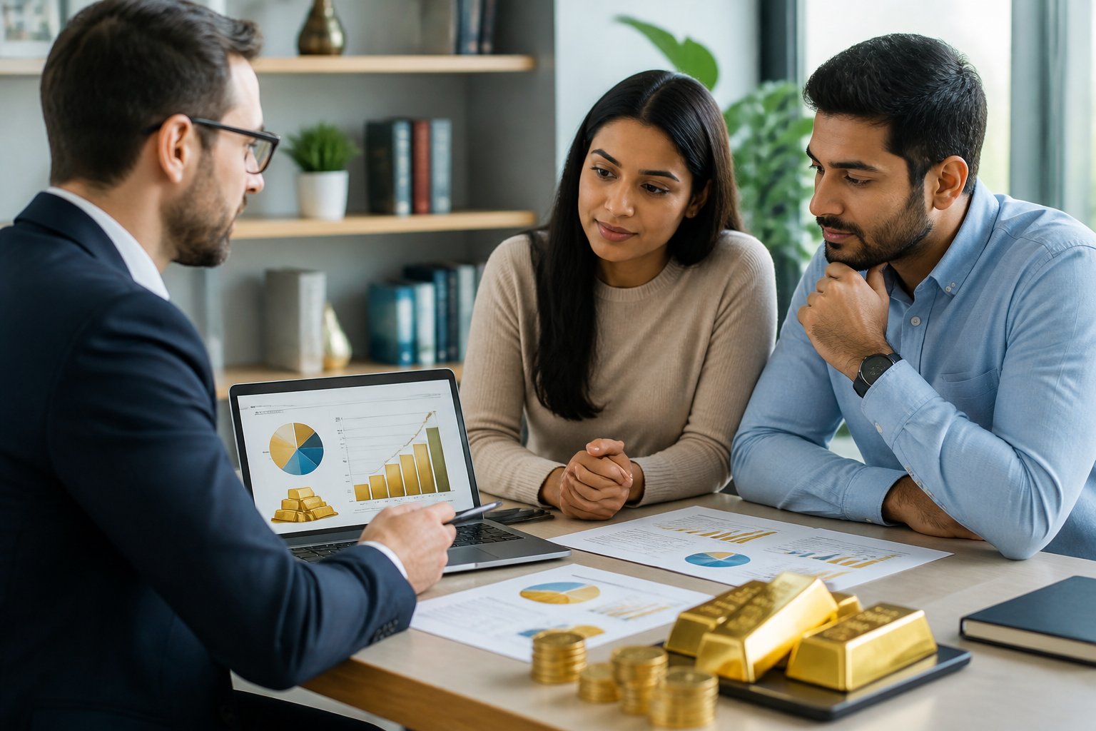 A financial advisor discussing investment options with a couple in an office, with gold bars and coins on the desk.