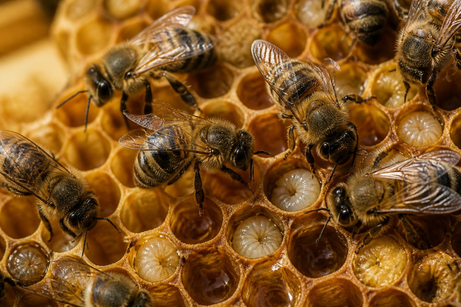 Several female worker bees tending to a honeycomb in a bee colony.