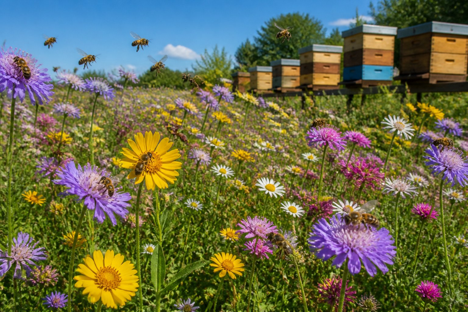 A field of blooming wildflowers with many honeybees flying and collecting nectar near wooden beehives under a clear sky.