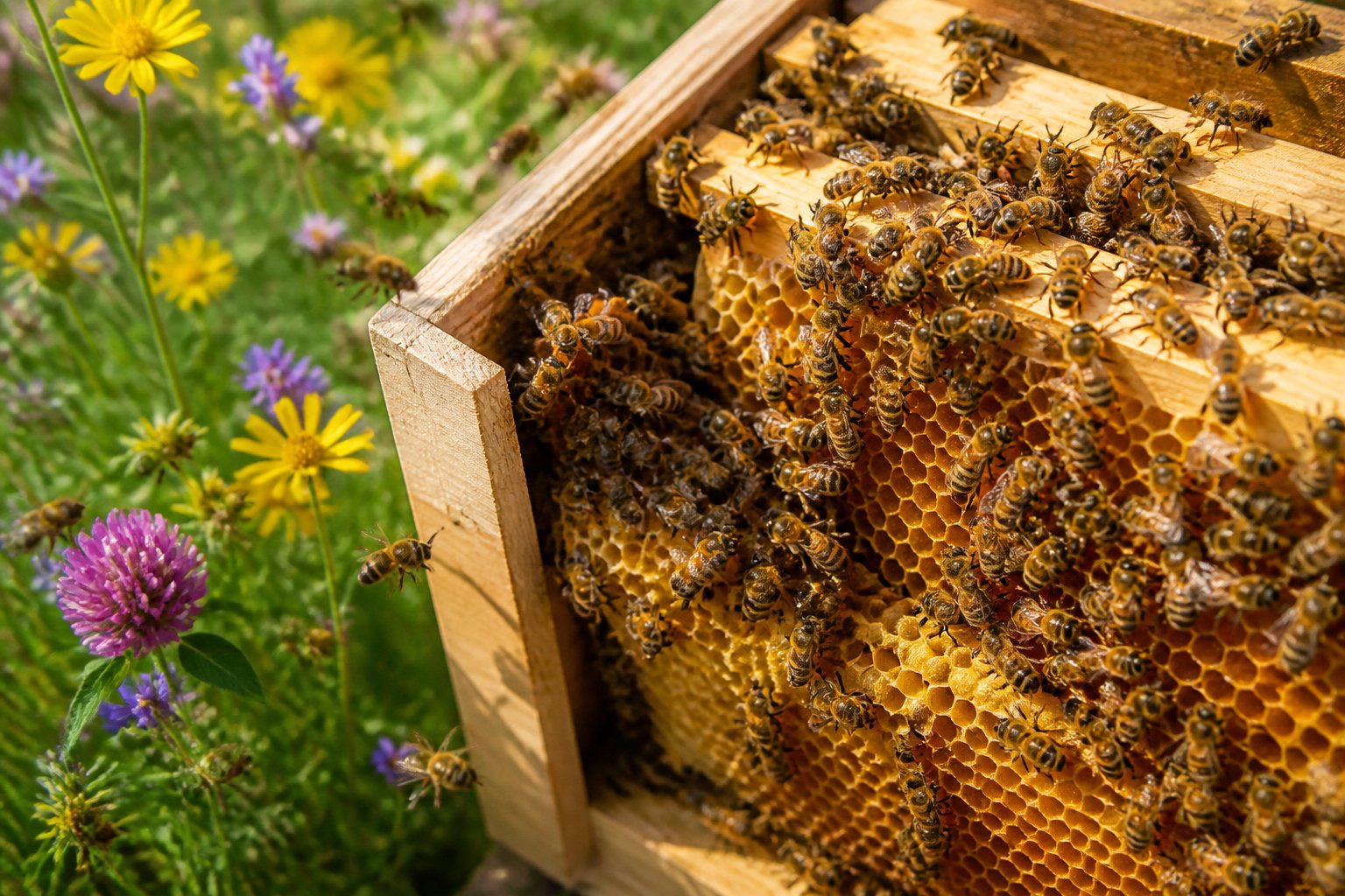 Close-up of bees working on a honeycomb inside a wooden hive surrounded by green plants and flowers.