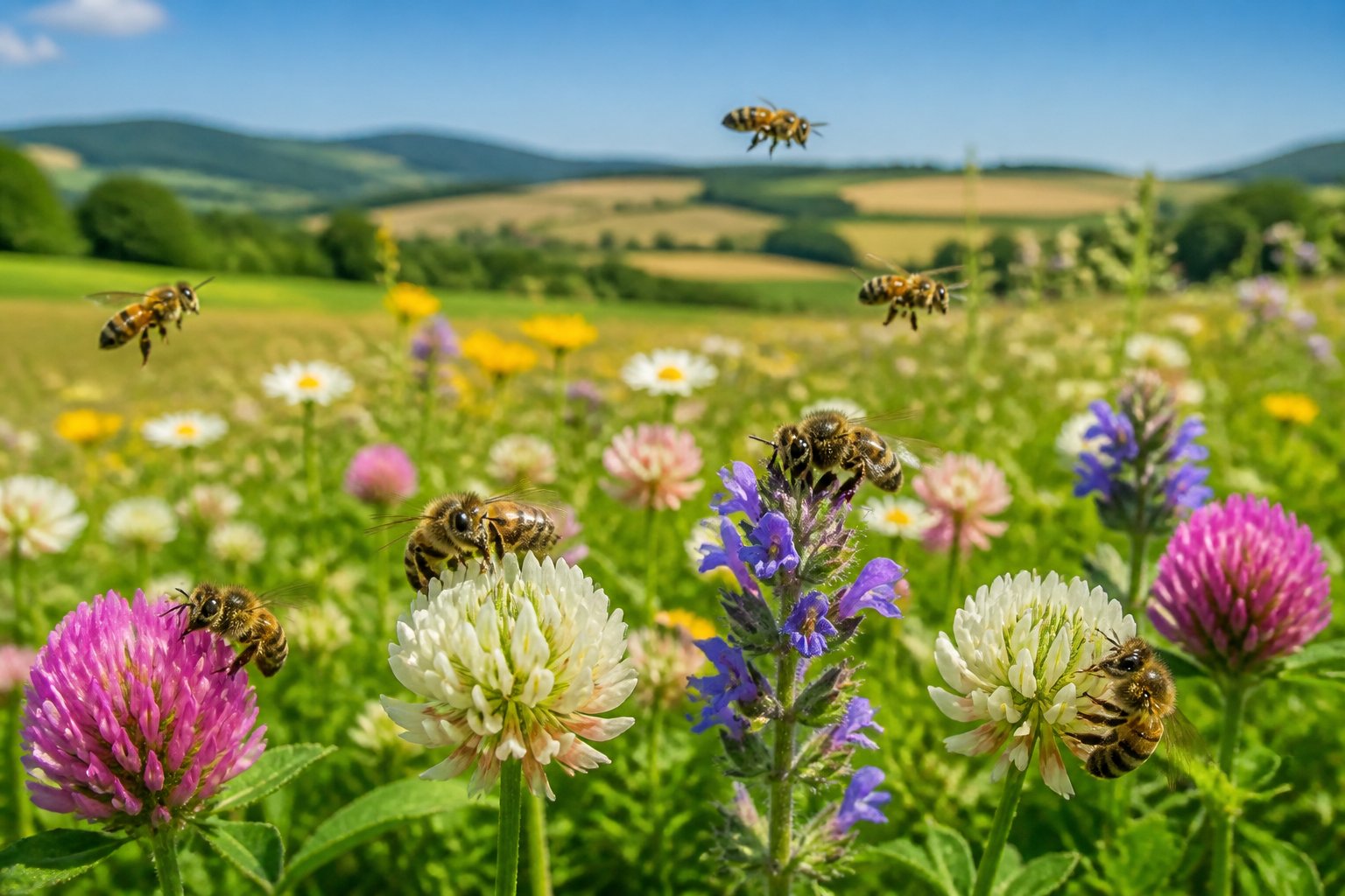 Close-up of honeybees pollinating colorful flowers in a green meadow with fields and hills in the background.