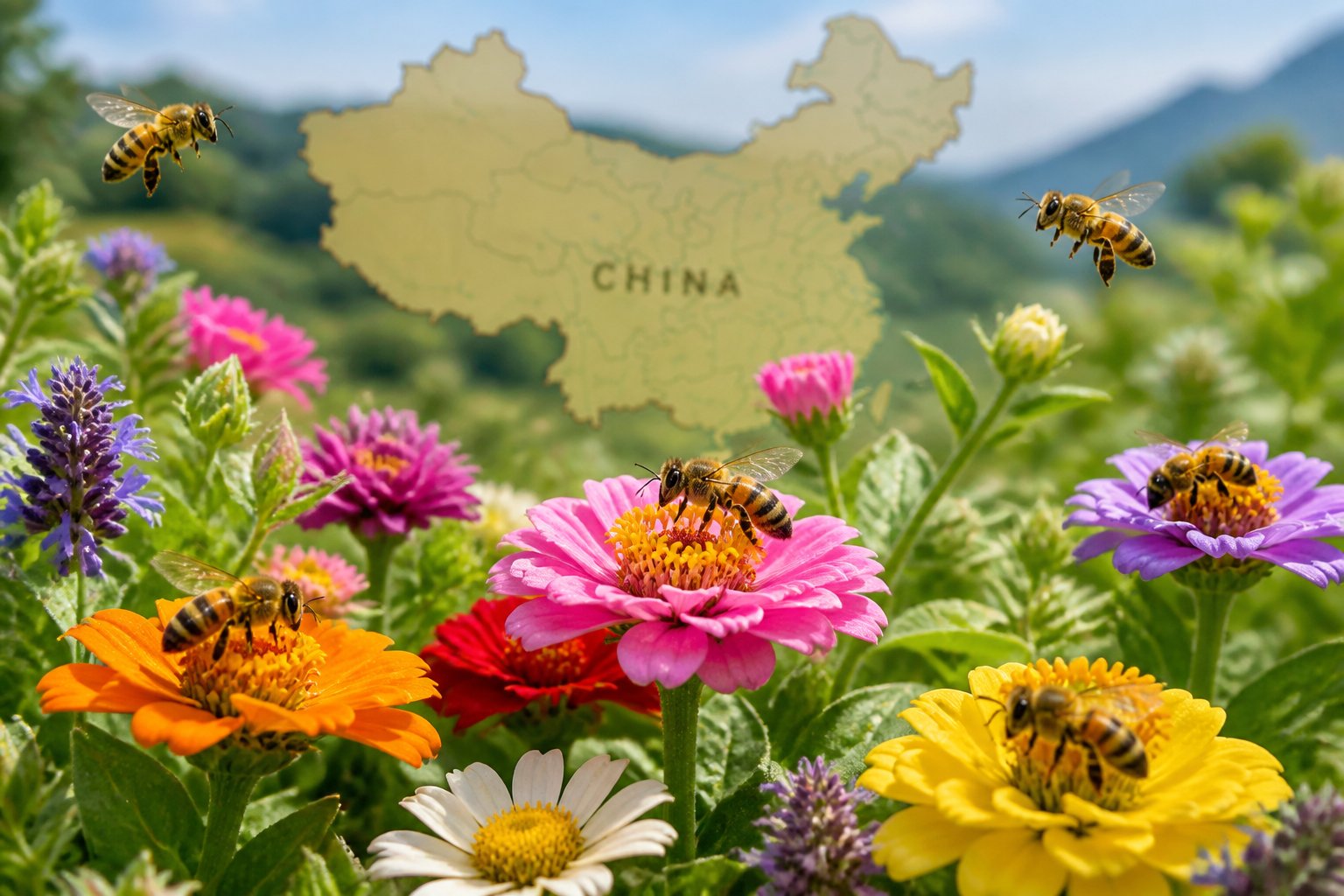 Bees pollinating colorful flowers in a green garden with a faint map outline in the background.