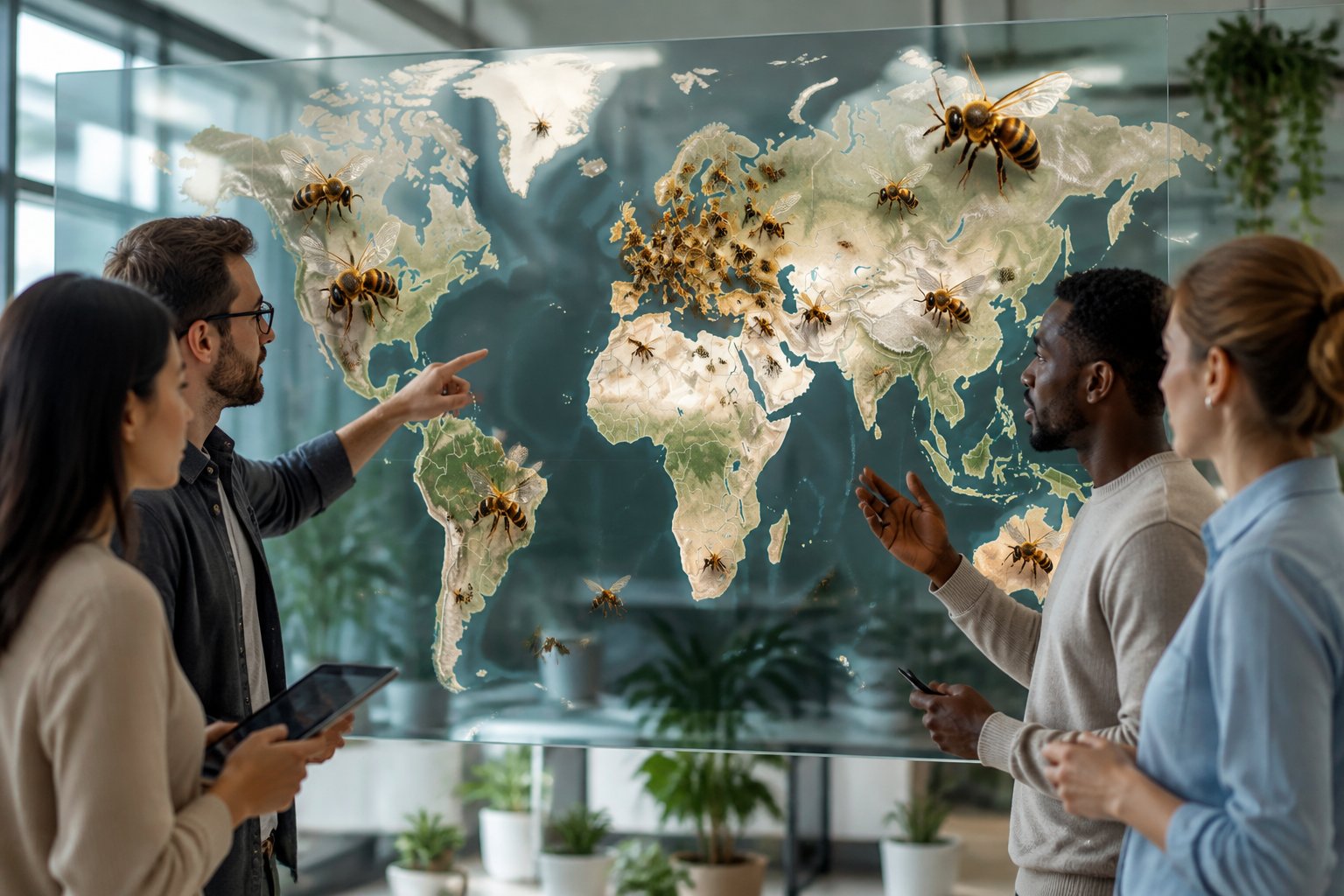 A group of professionals analyzing a world map with illustrations of bees representing data about bee populations in different countries.