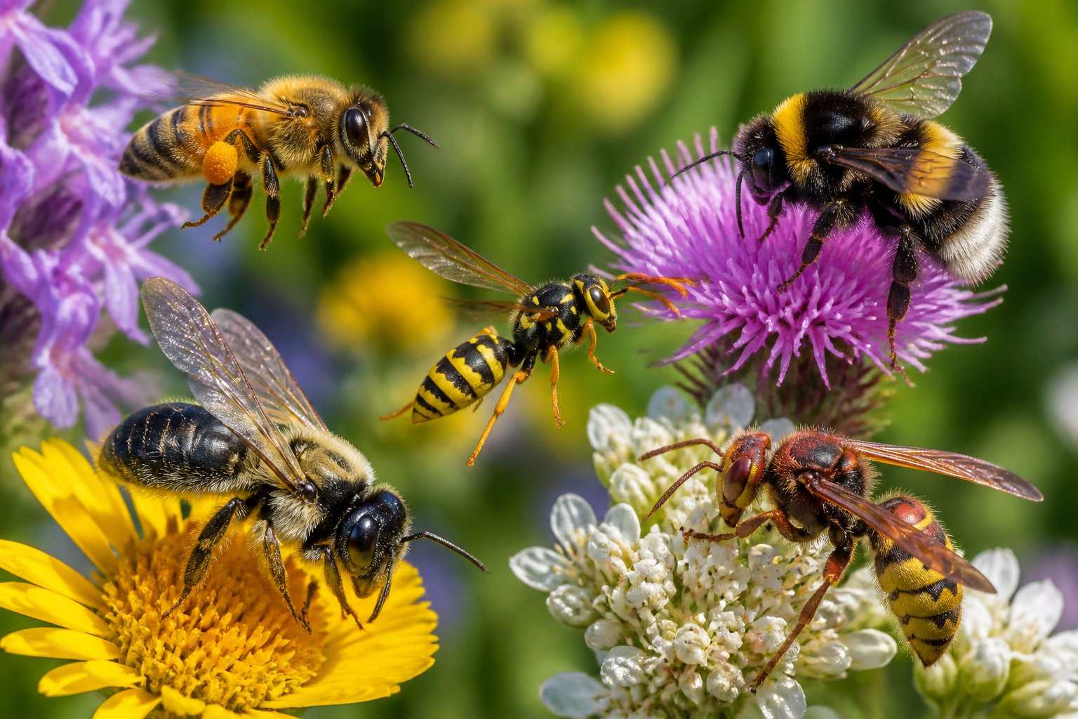 Close-up of several bees on colorful flowers in a natural setting, some in flight and others resting on petals.