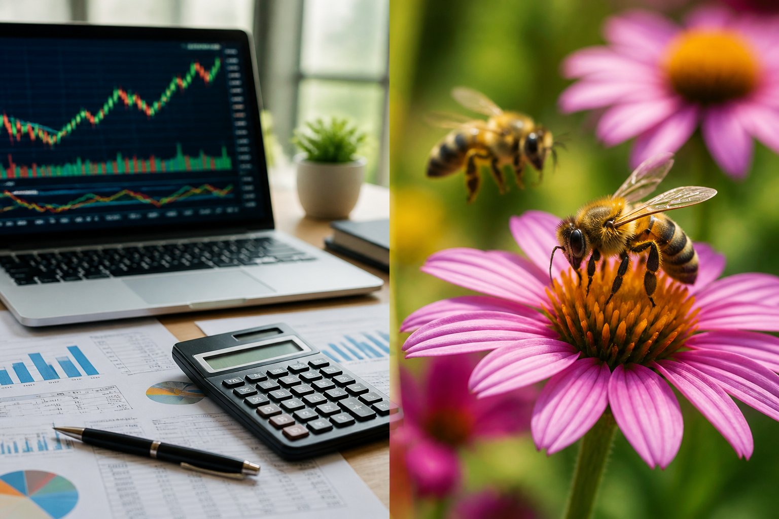 A split scene showing a financial workspace with stock charts on a laptop on one side and bees pollinating flowers in a garden on the other side.