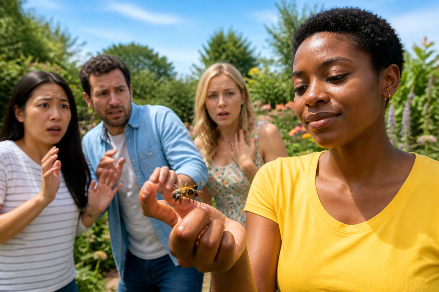 A group of people outdoors with one person gently holding a honeybee on their finger while others watch cautiously in a garden with flowers.