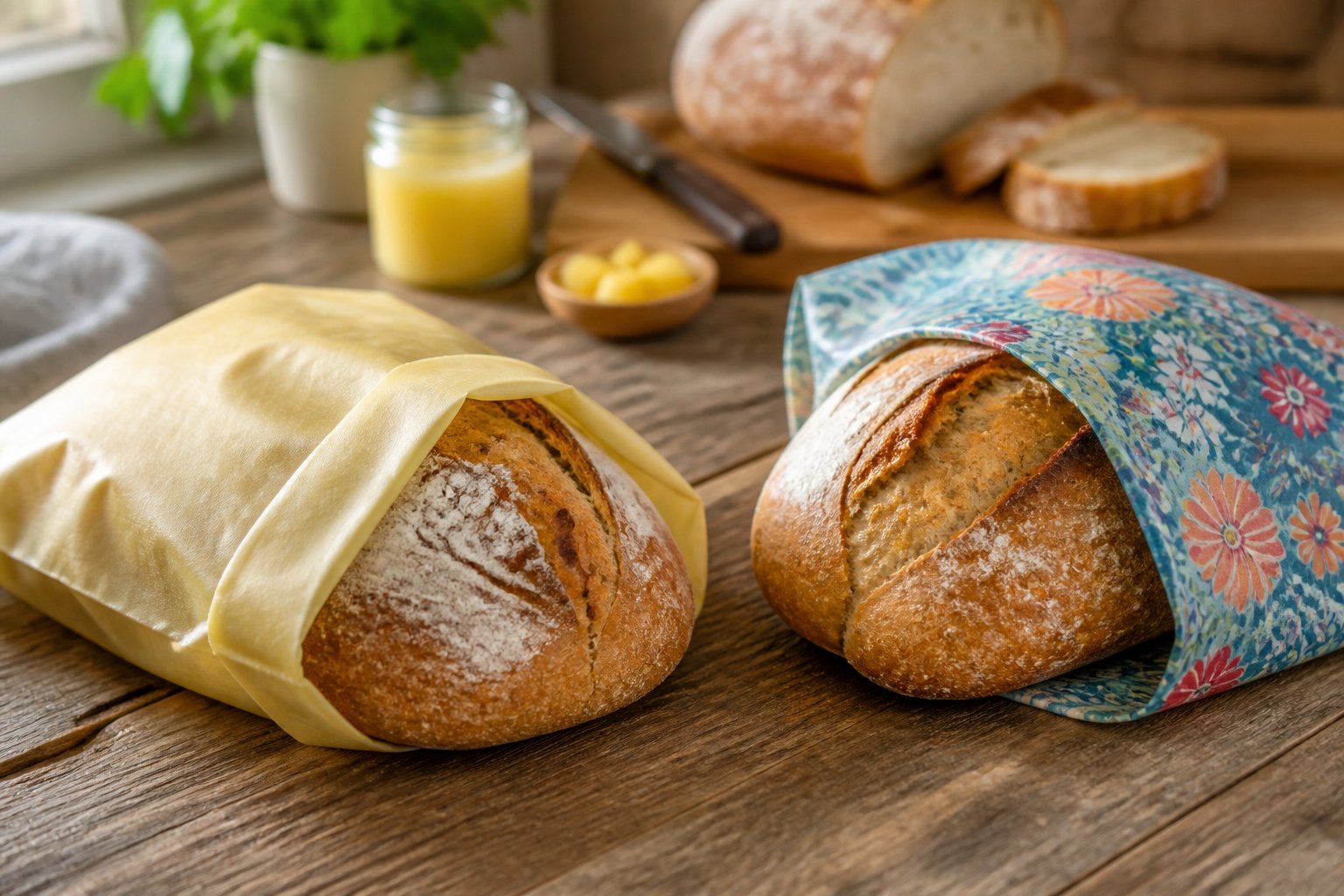 A rustic kitchen table with fresh bread stored in a beeswax bread bag on one side and wrapped in reusable fabric wraps on the other side.