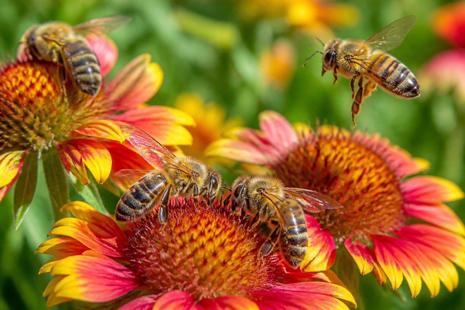 Close-up of several bees on colorful flowers in a garden.