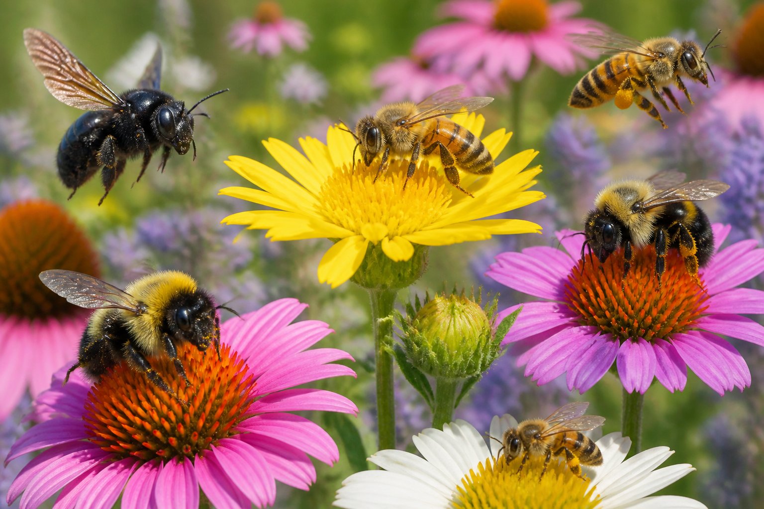 Several different types of bees gathering nectar from flowers in a garden.