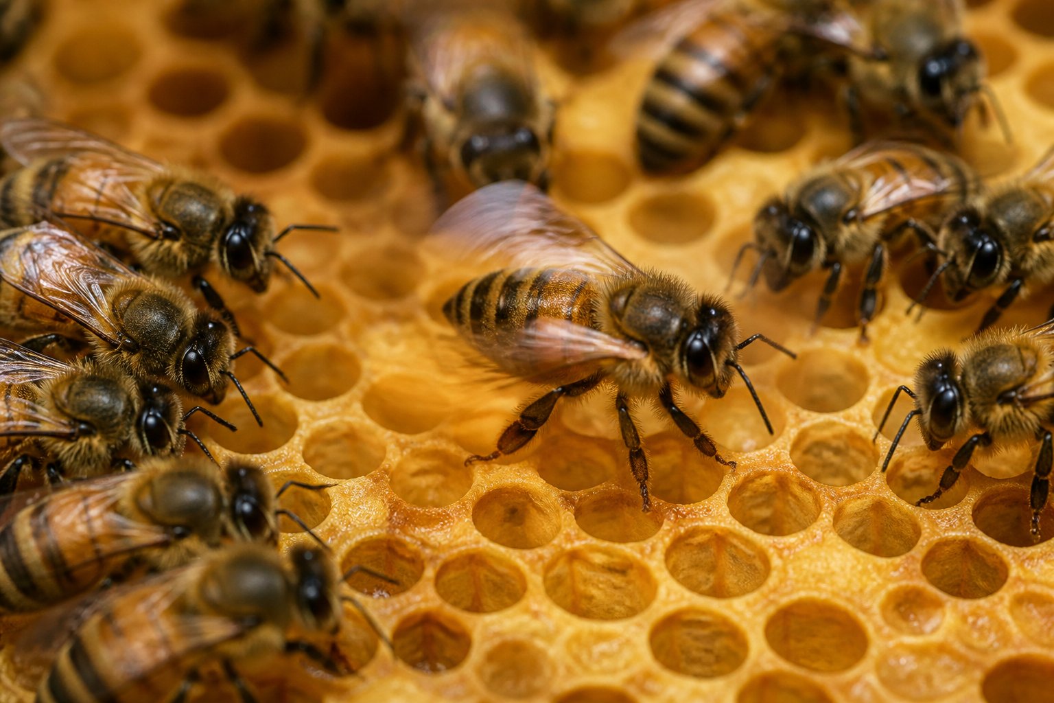 Close-up of a honeybee performing a waggle dance on a honeycomb surrounded by other bees inside a beehive.