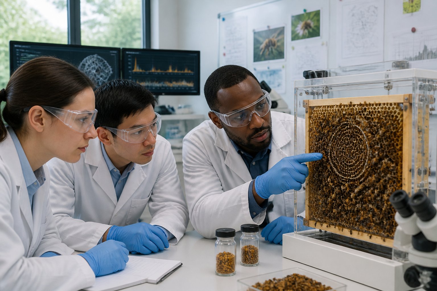 Scientists in a laboratory observing honeybees performing the waggle dance inside a transparent enclosure.