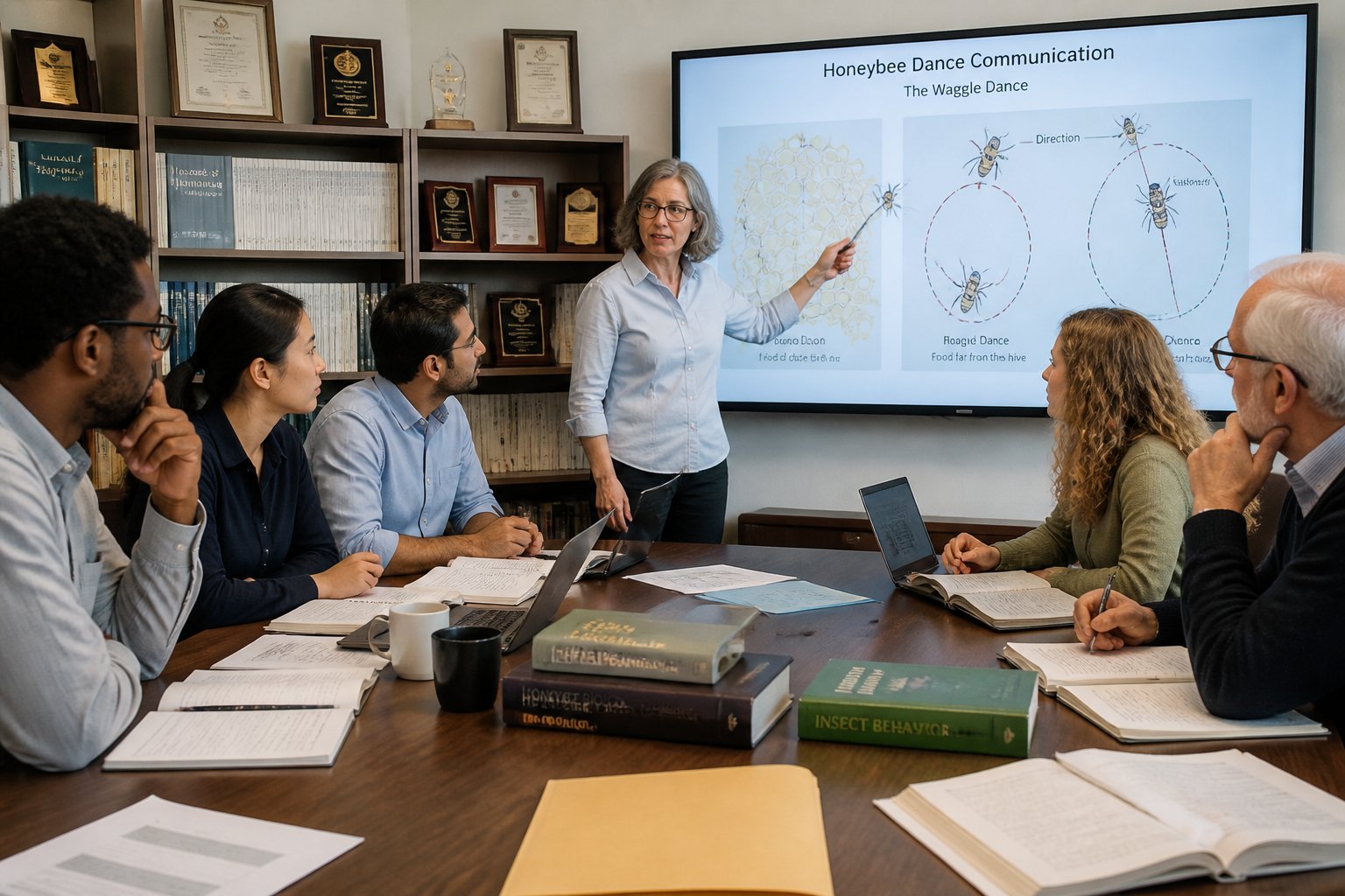 A group of scientists debating around a conference table with a digital screen showing honeybee dance diagrams.