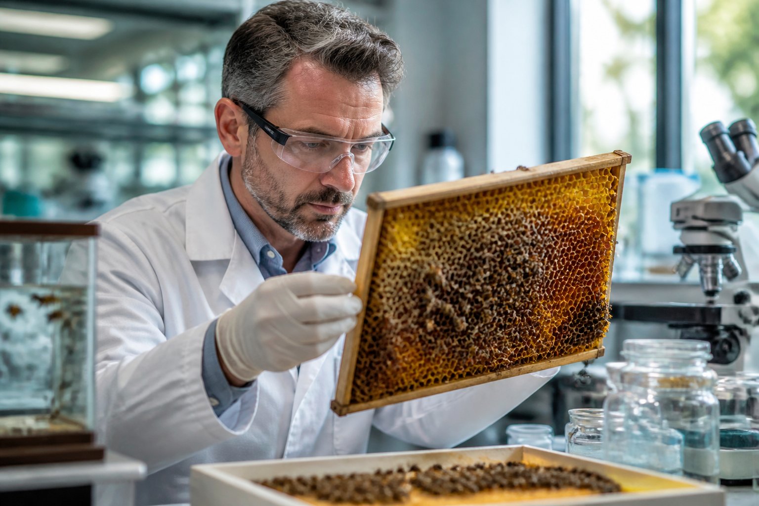 A scientist in a lab coat examining a honeycomb frame with bees in a laboratory.
