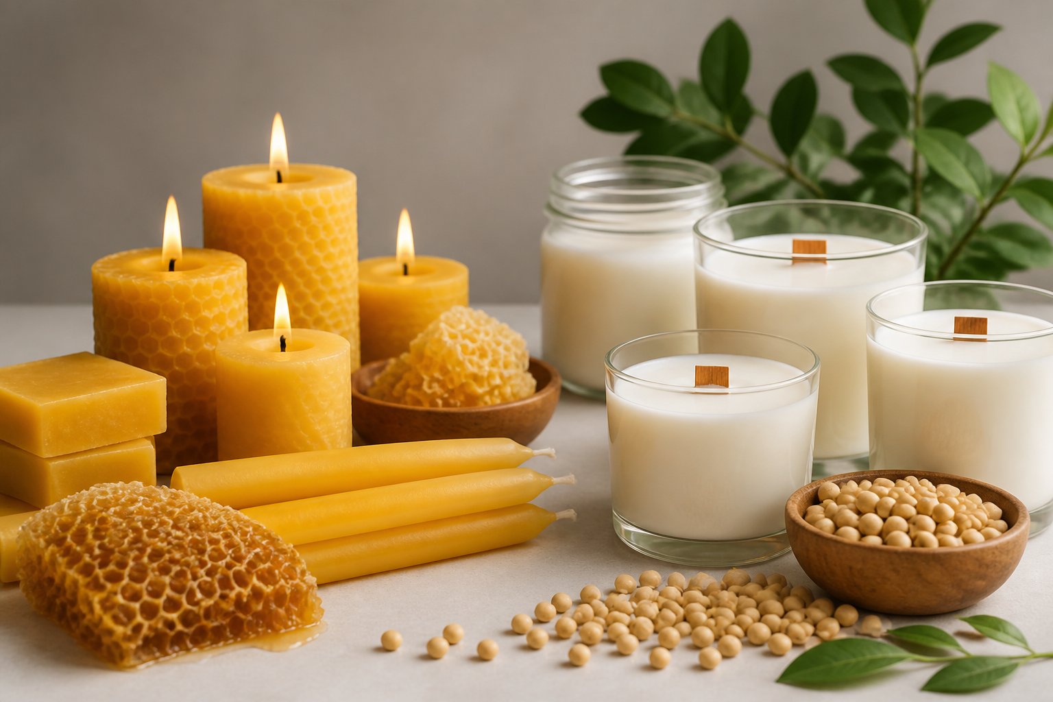 A tabletop scene showing beeswax candles with honeycomb and soy candles with soybeans and green leaves side by side.