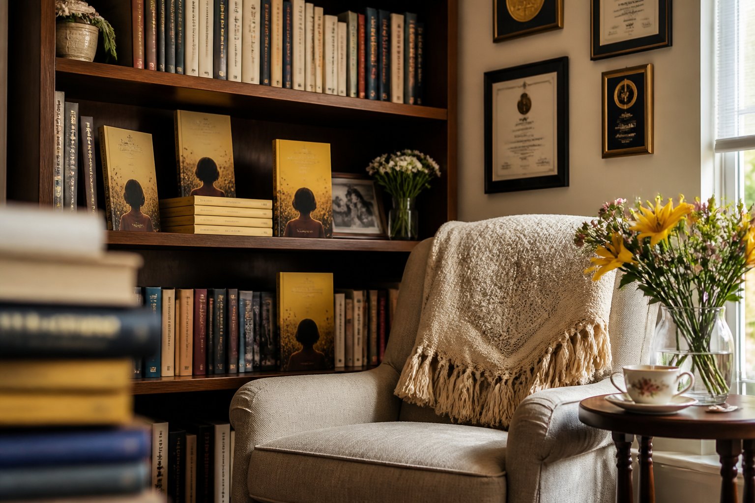 A cozy reading nook with a bookshelf filled with books, a comfortable armchair, a side table with a cup of tea, and framed awards on the wall.