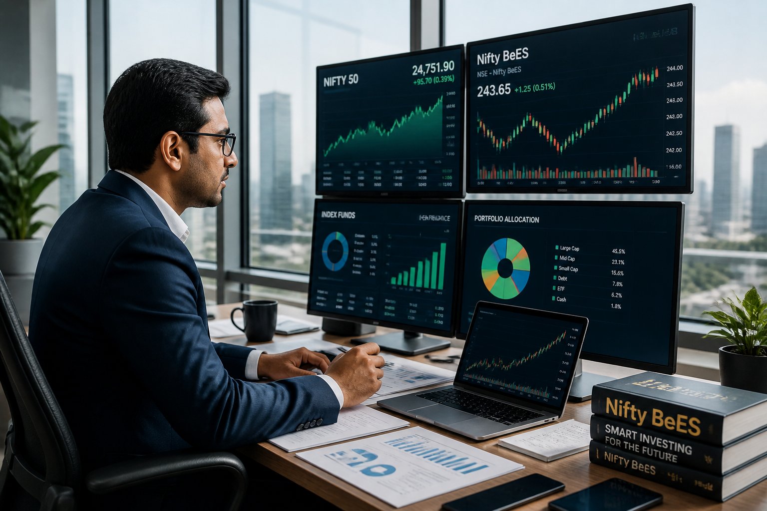 A business professional reviewing financial charts and documents in a modern office with a city view.