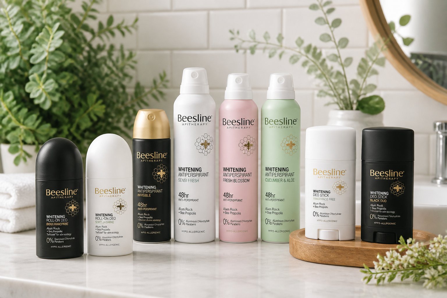 A bathroom countertop displaying several Beesline deodorant products with green plants and white tiles in the background.