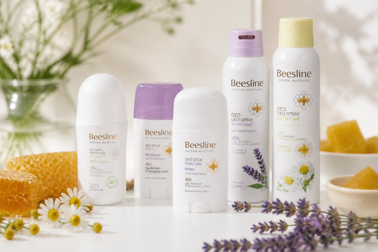 Various Beesline deodorant products displayed with natural ingredients like honeycomb and flowers on a white surface.