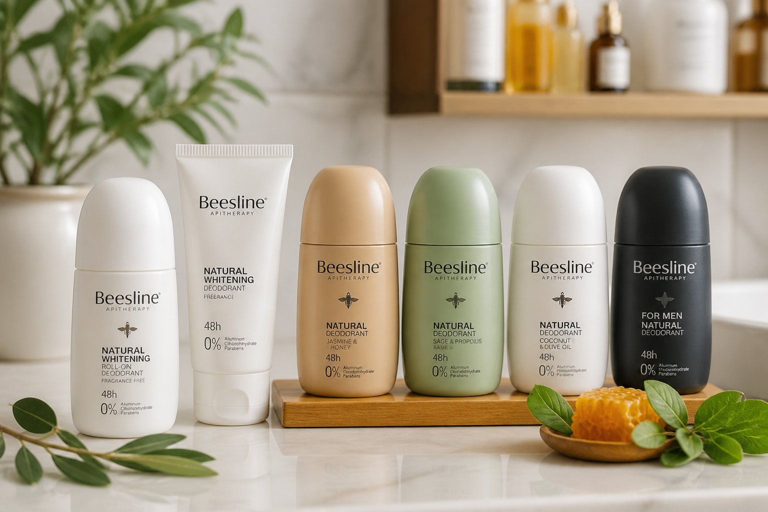 A bathroom countertop with several Beesline deodorant products arranged alongside green leaves and a wooden tray.