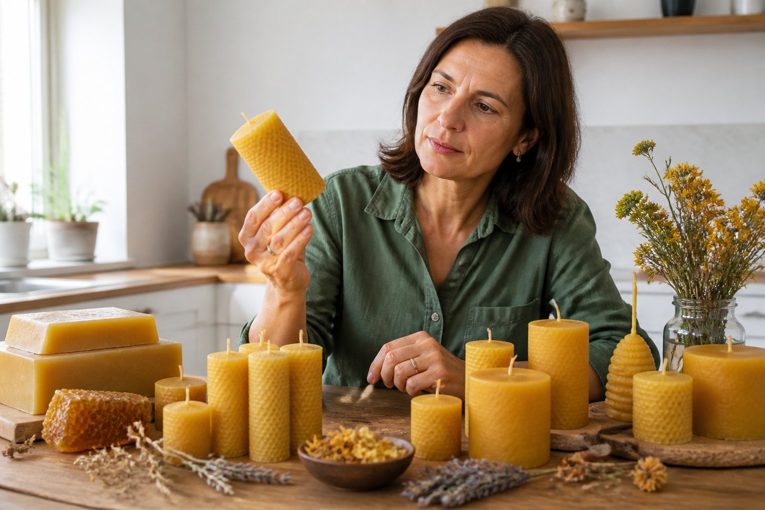 A person in a kitchen closely examining a beeswax candle surrounded by other beeswax candles and natural elements on a wooden table.