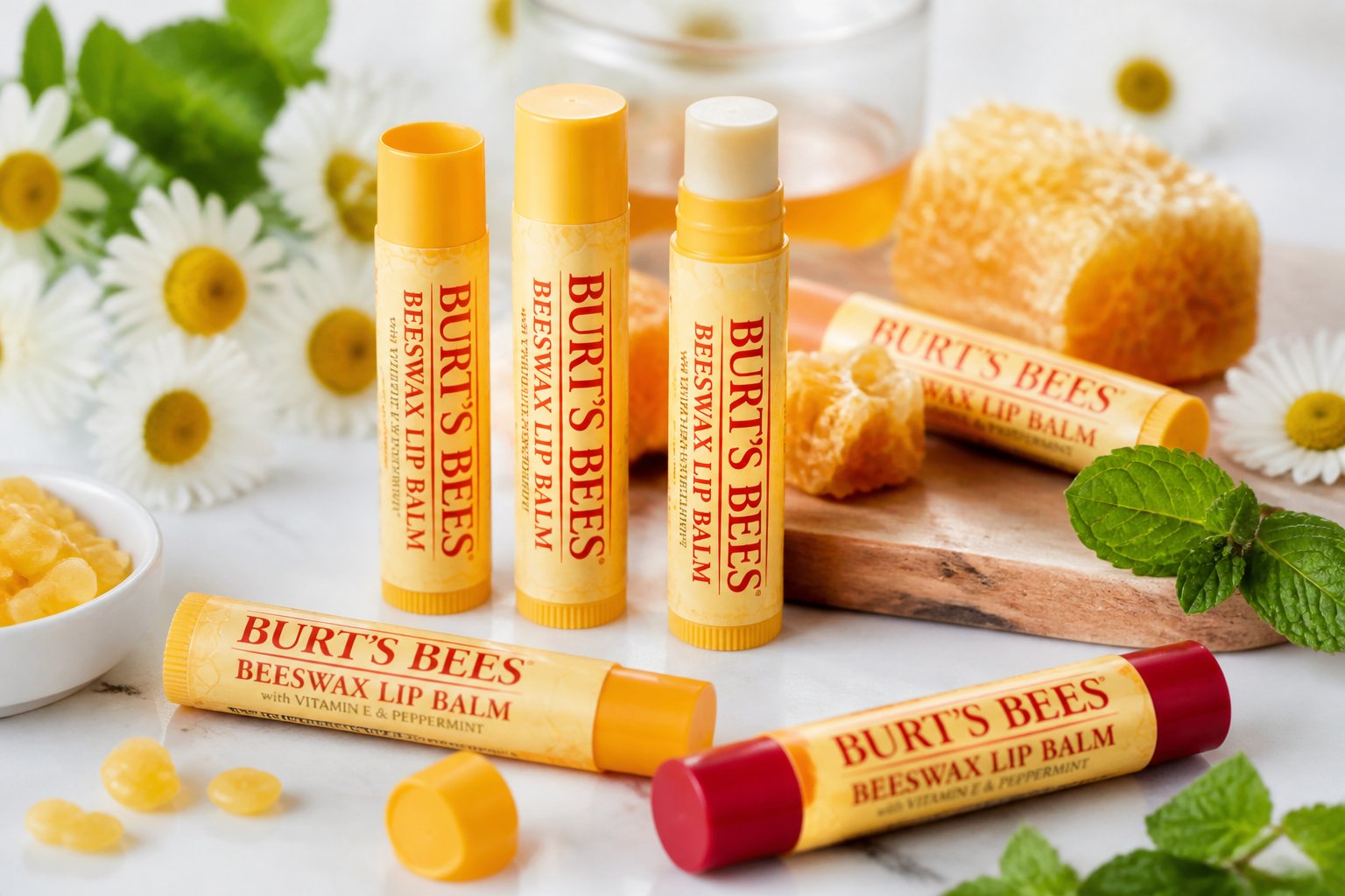 Close-up of several Burt's Bees lip balm tubes arranged with beeswax, honeycombs, and fresh flowers on a white surface.
