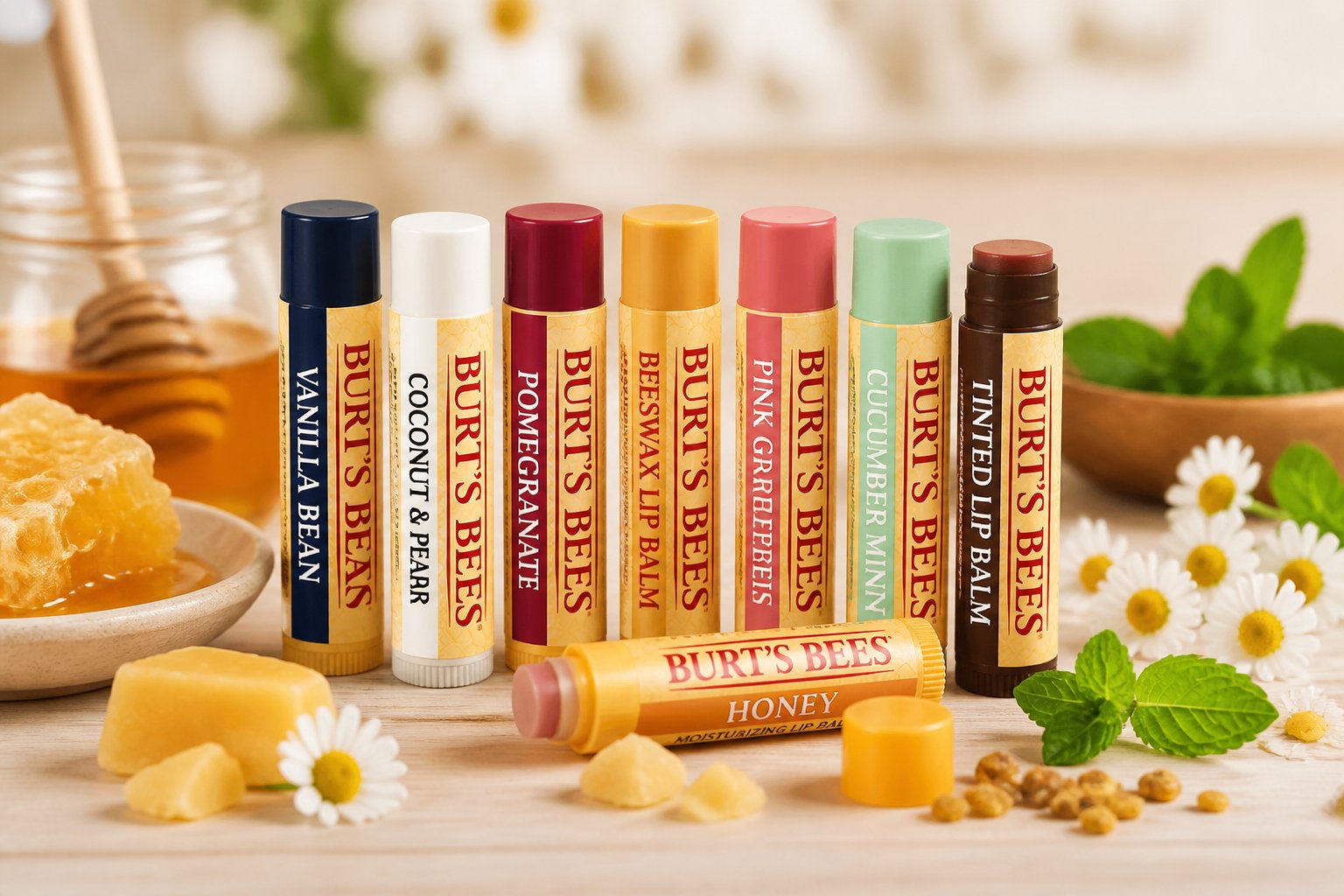 An arrangement of Burt's Bees lip balm tubes with honeycombs, beeswax, and fresh flowers on a wooden surface.