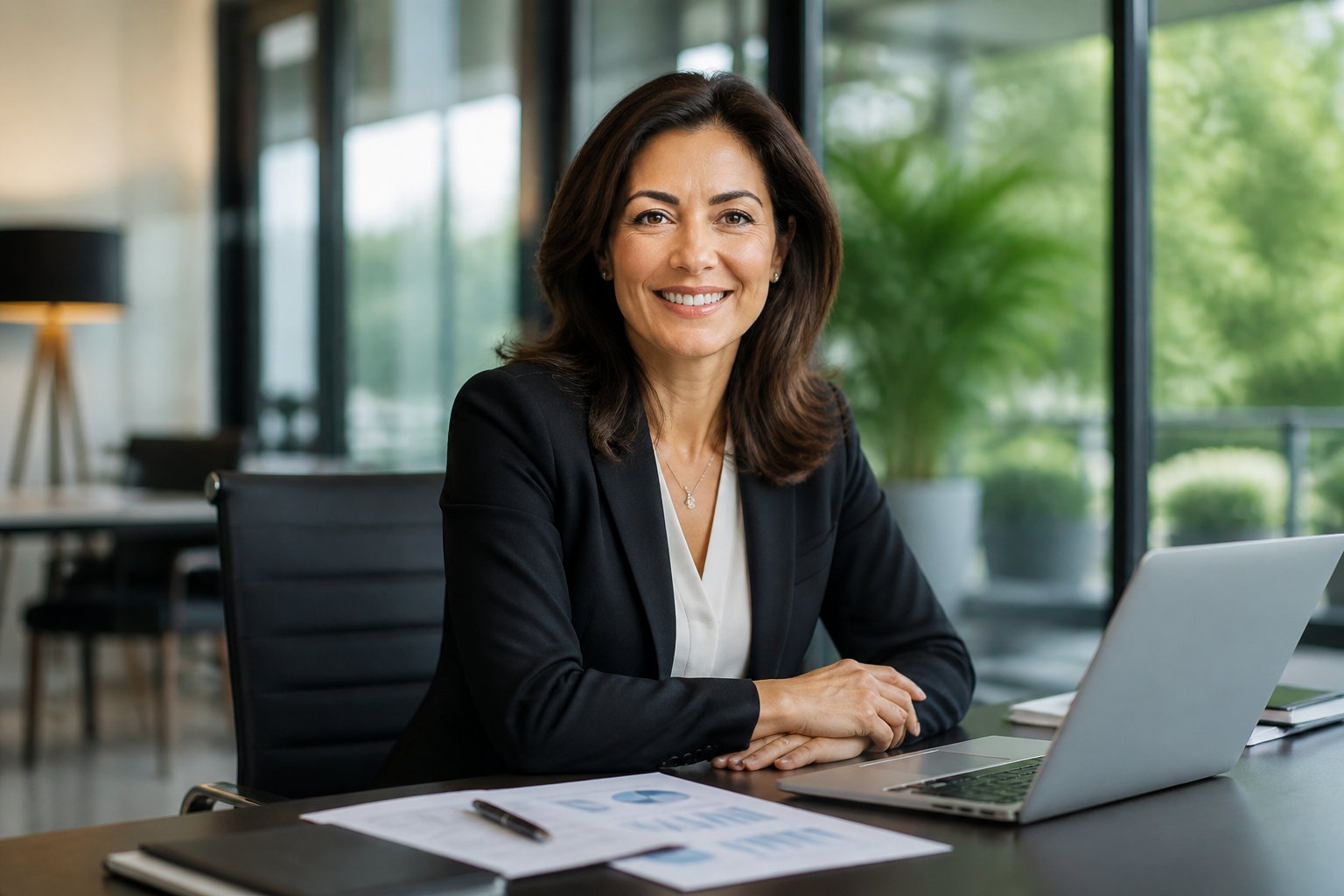 A confident businesswoman sitting at a desk in a modern office, smiling and working on a laptop.