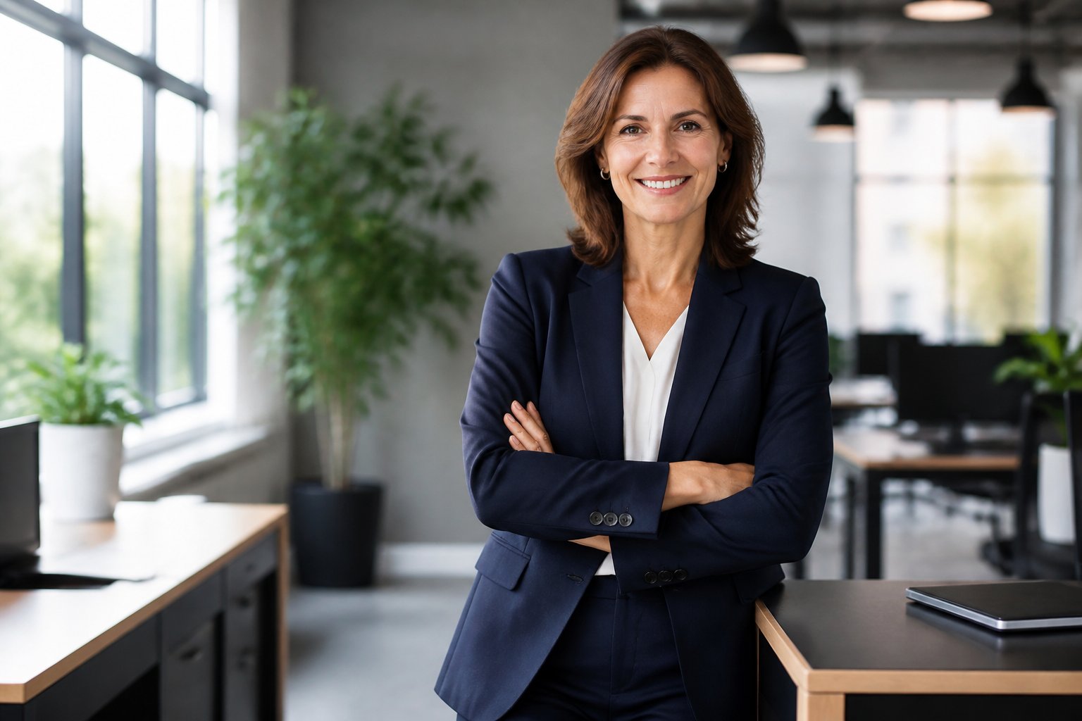 A confident businesswoman standing in a modern office with large windows and plants.