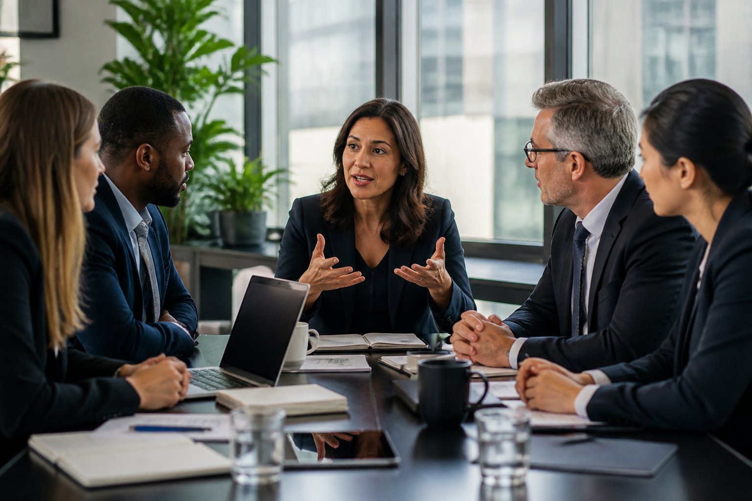 A businesswoman leading a meeting with a group of executives around a conference table in a modern office.