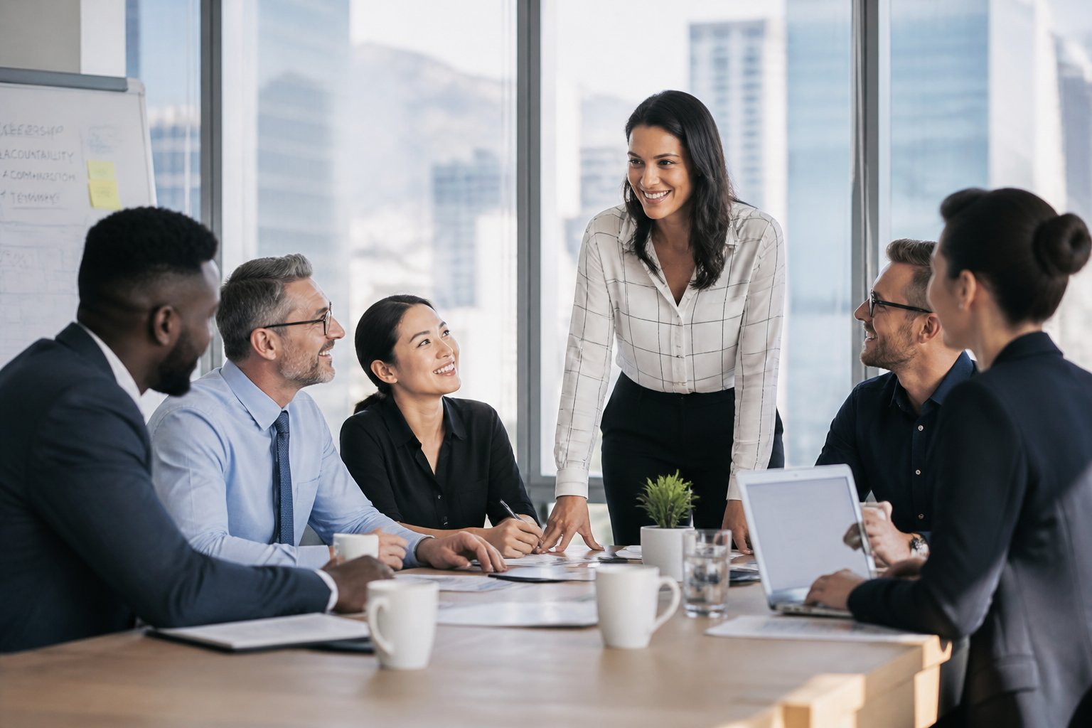 A diverse group of business leaders in a modern office having a meeting led by a confident female CEO.